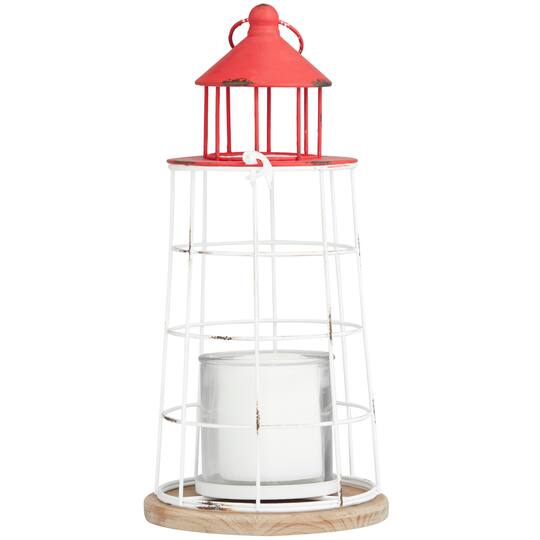 15" Red Metal Distressed Decorative Light House Candle Lantern